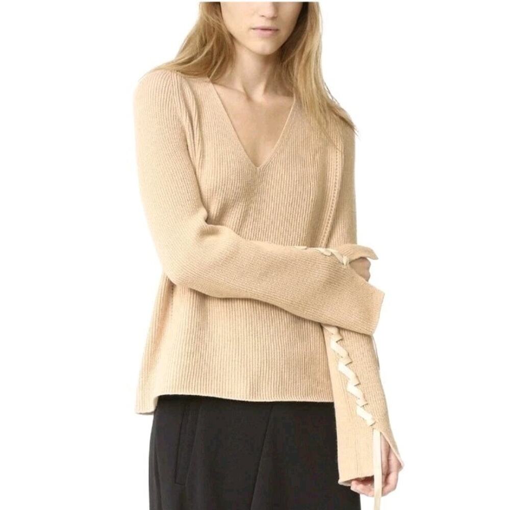 Helmut Lang laced sleeve sweater tan cashmere wool v-neck women's size XS